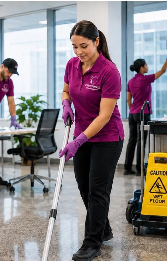 Christina's team cleaning a modern office