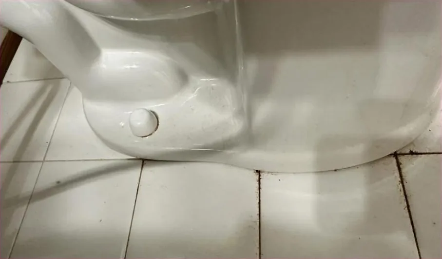 Toilet base with dark grout before cleaning